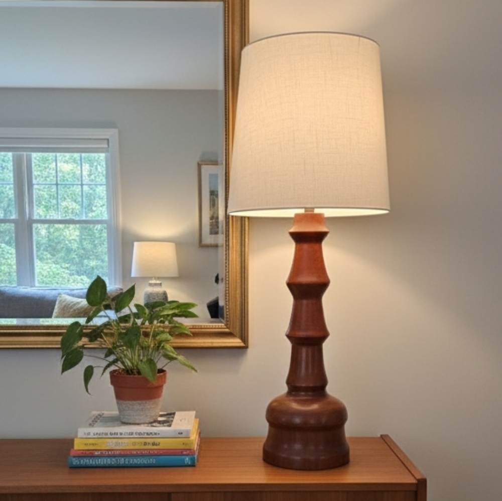 Large Vintage Turned Wood Lamp Mid-Century Modern Teardrop Hourglass 34" No Wire